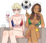  2022_fifa_world_cup ball bikini blonde_hair blue_eyes brazilian_flag_bikini brazilian_flag_print breasts brown_hair cleavage crossed_legs cup dark-skinned_female dark_skin drinking_glass flag_print french_flag_bikini large_breasts long_hair looking_at_viewer navel ohasi print_bikini side-tie_bikini_bottom simple_background smile soccer_ball sunglasses swimsuit wine_glass 