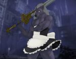  absurd_res anthro blaidd_(elden_ring) canid canine canis clothed clothing cocky crossdressing elden_ring fromsoftware girly grey_hair hair hi_res looking_at_viewer maid_uniform male mammal melee_weapon muscular nipples scar solo sword totobun uniform video_games weapon wolf 