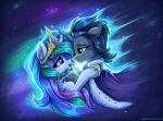  2022 blue_hair cape clothing crown digital_media_(artwork) duo equid equine eyelashes female feral friendship_is_magic fur green_hair grey_body grey_fur hair hasbro hi_res horn idw_publishing inner_ear_fluff king_sombra_(idw) king_sombra_(mlp) male mammal multicolored_hair my_little_pony my_little_pony_(idw) pink_eyes pink_hair princess_celestia_(mlp) smile tuft unicorn unicorn_horn white_body white_fur zeepheru_pone 