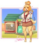  1girl alternate_costume animal_crossing animal_ears animal_feet animal_nose bag bangs barefoot black_bra blonde_hair blue_sky blurry blurry_background blush blush_stickers body_fur boingfarm border bow bow_bra bra bra_peek breasts brown_eyes brown_skirt building buttons character_name cleavage cloud collar collarbone commentary_request day dog_ears dog_girl dog_tail english_commentary english_text furry furry_female half-closed_eye happy heart highres holding holding_bag holding_leash huge_breasts isabelle_(animal_crossing) jacket korean_commentary lace lace-trimmed_bra lace_trim leash legs long_sleeves looking_at_viewer miniskirt mixed-language_commentary no_shirt open_clothes open_jacket open_mouth outdoors outside_border paper_bag parted_bangs pencil_skirt pet_play pink_border pocket shiny shiny_hair shopping_bag short_hair skirt sky smile snout solo tail teeth topknot two-tone_fur underwear uneven_eyes white_border white_fur white_jacket yellow_fur yellow_pupils 