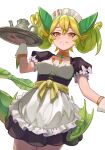  1girl apron breasts choker commentary_request dragon_girl dragon_horns dragon_tail duel_monster green_hair green_horns green_wings hair_between_eyes hand_up highres holding holding_plate horns kiyama looking_down maid maid_apron maid_headdress orange_eyes parlor_dragonmaid plate puffy_sleeves solo tail teapot twintails wings wrist_cuffs yu-gi-oh! 