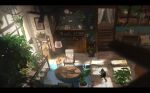  animal black_cat cat ceiling_fan ceiling_light chair coffee_mug cup desk desk_lamp highres indoors lamp melonsoda_(shinryoku) mug no_humans original painting_(object) picture_frame pillow plant potted_plant scenery shelf table 