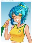 1girl 2022_fifa_world_cup :d ^_^ aria_rin aria_rin_(artist) bangs blonde_hair blue_background border brazil breasts closed_eyes collarbone english_commentary green_hair holding indie_virtual_youtuber medium_breasts mixed-language_commentary multicolored_hair ponytail portuguese_commentary sketch smile solo streaked_hair tan tank_top tanlines v-shaped_eyebrows virtual_youtuber web_address white_border yellow_tank_top 