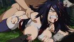  1girl 3boys black_hair blood blood_on_face blue_eyes bodysuit boku_no_hero_academia breast_grab breasts clenched_hands clenched_teeth cuffs defeat domino_mask forest glaring grabbing grass handcuffs hetero injury jcm2 large_breasts long_hair lying mask midnight_(boku_no_hero_academia) multiple_boys nature nipples on_stomach outdoors rape sex sex_from_behind skin_tight solo_focus teeth thighhighs torn_clothes 