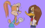  2022 anatid anseriform anthro avian beak biped bird boyohboydwn15 brown_hair buckteeth clothed clothing duck duo eyelashes female gloves hair half-length_portrait handwear hi_res lagomorph leporid lola_bunny looking_at_another looney_tunes mammal portrait purple_background rabbit simple_background teeth the_looney_tunes_show tina_russo warner_brothers yellow_beak 