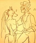  anthro beastars bovid canid canine canis caprine dall_sheep duo eyes_closed half-closed_eyes hand_holding horn legoshi_(beastars) looking_at_another looking_at_partner male male/male mammal music musical_note narrowed_eyes pina_(beastars) sheep singing wuffinarts 