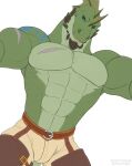  2022 abs anthro biped blue_eyes bulge cheek_spikes chin_spikes digital_media_(artwork) dragon facial_spikes green_body hi_res looking_at_viewer looking_down_at_viewer male muscular muscular_anthro muscular_male pecs reptile rustymiko scalie scar simple_background smile smiling_at_viewer solo spikes spikes_(anatomy) white_background 