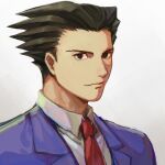  1boy ace_attorney baiaidi black_hair blue_jacket blue_suit closed_mouth collared_shirt forehead formal grey_eyes jacket looking_at_viewer necktie phoenix_wright red_necktie shirt simple_background solo spiked suit upper_body white_background white_shirt 