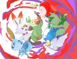  &gt;_&lt; blue_eyes bright_pupils closed_eyes closed_mouth commentary fang fuecoco grookey highres holding holding_stick no_humans one_eye_closed open_mouth pokemon pokemon_(creature) quaxly raku_(ff_zw7) scorbunny smile sobble sprigatito stick white_pupils 