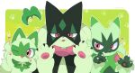  3others :3 animal_hands claws evolutionary_line floragato green_fur highres kiirono looking_at_viewer mask meowscarada multiple_others paw_pose pink_eyes pokemon pokemon_(creature) slit_pupils smile sprigatito upper_body 