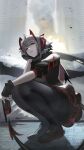 1girl arknights distr from_below grey_hair head_on_hand highres looking_at_viewer pantyhose smile smoke_trail solo squatting tail w_(arknights) 