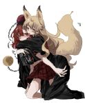  animal_ears arms_up ayahi_4 bangs bare_shoulders black_dress black_headwear black_shirt blush breasts brown_hair chain chinese_clothes closed_mouth clothes_writing dress fingernails fox_ears fox_girl fox_tail hair_between_eyes hands_up heart hecatia_lapislazuli highres hug hug_from_behind junko_(touhou) licking licking_another&#039;s_face light_brown_hair long_hair long_sleeves looking_at_another looking_at_viewer mandarin_collar medium_breasts medium_hair moon_(ornament) no_headwear off-shoulder_shirt off_shoulder open_mouth plaid plaid_skirt polos_crown red_eyes red_hair red_skirt red_tabard seiza shirt short_sleeves simple_background sitting skirt sweat sweatdrop t-shirt tabard tail teeth tongue tongue_out touhou underworld_(ornament) wavy_hair white_background wide_sleeves yuri 