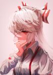  1girl absurdres buttons cigarette collared_shirt fujiwara_no_mokou highres long_hair long_sleeves red_eyes shirt simple_background sleeve_garter smoking solo suspenders touhou upper_body white_background white_hair white_shirt yuhel 