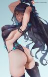  1girl araneesama armpits arms_behind_head arms_up ass bangs bare_shoulders black_hair blush breasts brown_eyes gantz gantz_suit gantz_sword highres large_breasts long_hair looking_at_viewer looking_back shimohira_reika skin_tight solo thighhighs thighs weapon 