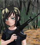  ak-47 assault_rifle black_hair black_shirt closed_mouth forest green_eyes gun holding holding_gun holding_weapon kalashnikov_rifle kuroki_tomoko kurokimoko long_hair looking_at_viewer nature outdoors ponytail rifle sam_hyde shirt tree watashi_ga_motenai_no_wa_dou_kangaetemo_omaera_ga_warui! weapon 