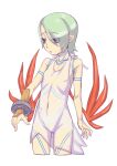  1girl bracelet breath_of_fire breath_of_fire_v covered_navel dress facial_mark full-body_tattoo green_hair hair_over_one_eye highres jewelry nina_(breath_of_fire_v) red_wings see-through short_hair simple_background solo tattoo white_background white_dress wings 