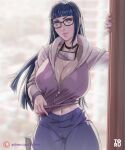  1girl arttoru bangs black-framed_eyewear blue_hair blunt_bangs blurry blurry_background breasts cleavage curvy doorway fishnets forehead_protector glasses highres hood hoodie hyuuga_hinata large_breasts long_hair naruto_(series) naruto_shippuuden navel pants partially_unzipped purple_eyes thick_thighs thighs zipper_pull_tab 