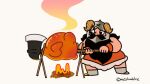  1boy animated animated_gif axe beard black_hair campfire dungeon_meshi dwarf facial_hair fake_horns food helmet horned_helmet horns looking_at_food looping_animation meat ms1sharklee roasting senshi_(dungeon_meshi) spinning steam 