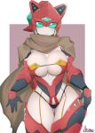 1girl armor ass_visible_through_thighs bikini_armor blue_eyes borrowed_character breasts cleavage cloak colored_skin contrapposto highres humanoid_robot large_breasts looking_at_viewer no_mouth no_nose original red_hair robot robot_girl ryuusui_arumo thick_thighs thigh_gap thighs villain_commander_ikano_(ikanomaru) white_skin 