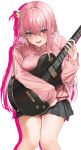  1girl absurdres black_skirt blue_eyes blush bocchi_the_rock! breast_press breasts commentary cube_hair_ornament electric_guitar gibson_les_paul gotou_hitori guitar hair_ornament highres holding holding_instrument instrument jacket long_hair long_sleeves looking_at_viewer medium_breasts mookie_(e_mook9) open_mouth pink_hair pink_jacket simple_background skirt smile solo standing sweat thighs wavy_mouth white_background zipper 