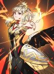  1girl armor bangs betabetamaru black_armor black_dress crying crying_with_eyes_open dress fire_emblem fire_emblem_heroes gold_trim grey_hair highres long_dress medium_hair official_alternate_costume official_alternate_hairstyle outstretched_hand reaching reaching_towards_viewer red_eyes scale_armor sidelocks solo tears veronica_(fire_emblem) 