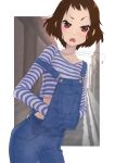  1girl :o absurdres brown_hair commission crop_top denim disgust hand_under_clothes highres hyouka ibara_mayaka jewelry long_sleeves looking_at_viewer midriff necklace overalls red_eyes shirt short_hair skeb_commission solo standing striped striped_shirt thomas_(aoakumasan) 