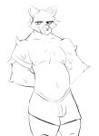  anthro armband belly boxing_shorts canid canine canis chest_tuft drag0ntail fluffy hands_behind_back hi_res male mammal monochrome musclegut muscular muscular_anthro muscular_male navel nipples sketch solo three-quarter_view tuft wolf 