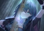  1girl absurdres arm_up armor bangs black_armor blue_eyes blue_hair byleth_(fire_emblem) byleth_(fire_emblem)_(female) closed_mouth commentary_request expressionless fire_emblem fire_emblem:_three_houses hair_between_eyes highres holding holding_sword holding_weapon long_hair one_eye_covered shoulder_armor solar_torch solo sword sword_of_the_creator weapon 