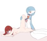  3_fingers blue_eyes blush breasts brown_eyes brown_hair censored duo female female_penetrated fingers from_front_position gardevoir generation_3_pokemon genitals girly green_body hair hand_on_leg hi_res human human_on_humanoid human_penetrated humanoid humanoid_penetrating humanoid_penetrating_human interspecies leg_glider_position leg_grab lying male male/female male_penetrating male_penetrating_female mammal momikumo00 narrowed_eyes nintendo nipples on_side penetration penile penile_penetration penis penis_in_pussy pokemon pokemon_(species) pokephilia raised_leg raised_leg_grab sex vaginal vaginal_penetration video_games white_body 