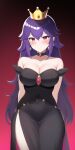  1girl ai-generated arms_behind_back bare_shoulders black_dress blush breasts cleavage crown dress earrings jewelry long_hair maskedkitsune necklace paper_mario:_the_thousand_year_door personification purple_hair red_eyes shadow_queen shy skin_tight very_long_hair 