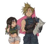  1boy 1girl als8za armor baggy_pants belt black_hair blonde_hair blue_pants blue_shirt breasts brown_belt brown_gloves chest_strap cloud_strife cowboy_shot crop_top earrings final_fantasy final_fantasy_vii fishnet_armwear gloves green_shirt grey_shorts hair_between_eyes headband holding holding_map jewelry leaning_forward looking_at_another map medium_breasts midriff open_mouth pants shirt short_hair short_shorts shorts shoulder_armor single_bare_shoulder single_earring single_sleeve sleeveless sleeveless_turtleneck spiked_hair suspenders talking turtleneck walking white_background yuffie_kisaragi 