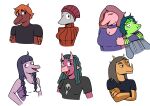  absurd_res adam_(gvh) anthro babs_(gvh) beanie blue_hair braided_hair brown_body choker clothed clothing dinosaur dreadlocks erin_(snoot_game) female goodbye_volcano_high green_body green_hair grey_body group hair hat headgear headwear hi_res horn humanoid jewelry machacapigeon male milhouse_(gvh) multicolored_body nathan_(gvh) necklace open_mouth orange_body orange_hair pink_body purple_body purple_eyes purple_hair red_body reptile rosemary_(gvh) scalie simple_background snoot_game_(fan_game) spikes spikes_(anatomy) stacy_(gvh) two_tone_body white_background 