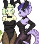  anthro blue_eyes bow_accessory camel_toe ceratopsian clothed clothing dinosaur duo facial_horn female fishnet fishnet_legwear freckles goodbye_volcano_high green_hair hair horn legwear markings ornithischian playboy_outfit purple_body purple_eyes purple_hair reptile scalie simple_background slightly_chubby snoot_game_(fan_game) stegosaurian stegosaurus stella_(gvh) thyreophoran triceratops trish_(gvh) unknown_artist video_games white_background 