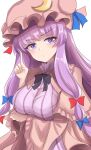  1girl arm_under_breasts breasts dress hat highres large_breasts mob_cap namiki_(remiter00) patchouli_knowledge purple_dress purple_hair ribbed_dress side_ponytail simple_background solo touhou upper_body white_background wide_sleeves 