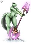  abs absurd_res anthro argonian axe battle_axe bethesda_softworks biobrony breasts claws exposed_breasts female genitals hi_res meer-mah melee_weapon pinup polearm pose pussy scalie simple_background solo solo_focus standing the_elder_scrolls trident video_games weapon 