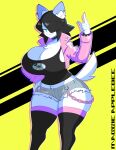  2022 5_fingers anthro big_breasts black_clothing black_hair black_legwear black_shirt black_tank_top black_topwear blue_eyes blush blush_stickers bottomwear bracelet breasts canid canine canis chain character_name chest_tuft cleavage clothed clothing collar cutoffs denim denim_clothing domestic_dog ear_piercing female fingers grey_bottomwear grey_clothing grey_shorts hair hair_over_eye hi_res huge_breasts inner_ear_fluff jacket jewelry legwear looking_at_viewer maggie_applebee mammal one_eye_obstructed piercing pink_clothing pink_jacket pink_topwear shirt short_hair shorts solo spiked_bracelet spiked_collar spikes tank_top theycallhimcake topwear tuft 