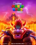  1boy 3d bowser clenched_hands cloud cloudy_sky copyright_name english_commentary fangs highres key_visual lightning logo mario_(series) molten_rock official_art promotional_art red_eyes red_hair sky smile solo the_super_mario_bros._movie v-shaped_eyebrows volcano 
