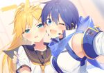  2girls :t aqua_eyes bass_clef blonde_hair blue_eyes blue_hair blue_nails blush cheek-to-cheek detached_sleeves genderswap genderswap_(mtf) heads_together headset high_ponytail holding kagamine_len kagamine_lenka kaiko kaito_(vocaloid) multiple_girls necktie open_mouth ponytail sailor_collar scarf selfie short_hair sinaooo vocaloid 