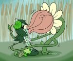  2021 4chan ambiguous_gender amphibian amphibian_humanoid animal_humanoid clothing digital_drawing_(artwork) digital_media_(artwork) duo female female/ambiguous forced forced_kiss frog frog_humanoid green_body green_hair hair humanoid kissing lily_pad megawackymax midriff original_characters pigtails plant plant_monster signature sloppy_kiss smile topwear tube_top vines yellow_sclera 