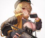  1girl absurdres anis_(nikke) bangs beret black_headwear blush breasts cellphone cleavage commentary gloves goddess_of_victory:_nikke grin gun hair_between_eyes hair_ornament hat highres holding holding_gun holding_phone holding_weapon jacket josal large_breasts light_brown_hair long_sleeves looking_at_viewer open_clothes open_jacket orange_eyes phone short_hair simple_background single_glove smartphone smile solo weapon 