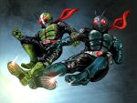  2boys armor bad_id bad_pixiv_id black_bodysuit blue_gloves bodysuit boots bug flying_kick gloves grasshopper green_footwear green_gloves kamen_rider kamen_rider_(1st_series) kamen_rider_1 kamen_rider_2 kamen_rider_the_first kicking male_focus multiple_boys official_alternate_costume red_scarf rider_belt rider_kick scarf sei_mon superhero typhoon_(kamen_rider) vest 