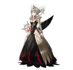  1girl alternate_costume alternate_hair_length alternate_hairstyle bangs black_dress book breasts closed_mouth collarbone commentary_request dress fire_emblem fire_emblem_heroes full_body gold_trim grey_hair highres holding jewelry kozaki_yuusuke long_dress long_skirt long_sleeves official_art red_eyes shiny shiny_hair short_hair sidelocks simple_background skirt small_breasts solo standing tiara veronica_(fire_emblem) white_background 