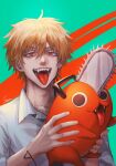  1boy absurdres animal blonde_hair chainsaw chainsaw_man collared_shirt denji_(chainsaw_man) fangs green_background highres holding holding_animal looking_at_viewer open_mouth orange_eyes pochita_(chainsaw_man) sharp_teeth shirt short_hair simple_background spiked_hair staryoruu teeth tongue tongue_out white_shirt 