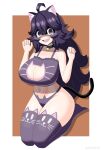  1girl :d absurdres alternate_breast_size animal_ear_fluff animal_ears bangs bell black_choker black_hair blush border breasts brown_background cat_cutout cat_ears cat_tail cat_thigh_strap choker cleavage clothing_cutout collarbone commentary_request fang full_body genki2d hair_between_eyes hands_up hex_maniac_(pokemon) highres large_breasts long_hair looking_at_viewer navel neck_bell open_mouth panties pokemon pokemon_(game) pokemon_xy skin_fang smile solo tail thighhighs underwear white_border 