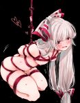  bangs bdsm black_background blush bondage bound bow fujiwara_no_mokou hair_bow heart highres mokoiscat nude ofuda open_mouth ponytail red_eyes red_rope rope shibari tearing_up touhou white_hair 