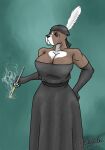  2022 5_fingers anthro arkeanthe armwear artist_name big_breasts black_armwear black_clothing black_dress black_elbow_gloves black_gloves black_handwear breasts brown_body brown_fur canid canine canis cigarette cigarette_holder cigarette_smoke claws clothed clothing digital_media_(artwork) domestic_dog dress elbow_gloves feather_hat feathers female fingers frown fur gloves handwear headgear headwear hi_res huge_breasts mammal pit_bull simple_background smoke smoking solo white_body white_feathers white_fur 