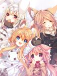  4girls :d amamiya_aki amamiya_mei animal_ear_fluff animal_ears arms_up bangs black_coat black_mittens blonde_hair blue_eyes blush brown_coat brown_hair closed_eyes closed_mouth coat commentary_request cynthia_riddle food fur-trimmed_sleeves fur_trim grey_skirt hair_between_eyes hair_ornament hairclip heart highres holding holding_food long_sleeves lying milia_leclerc mittens mofu-mofu_after_school mofumofu_channel multiple_girls on_back outstretched_arms p19 pink_hair plaid plaid_scarf plaid_skirt purple_eyes rabbit_ears red_scarf scarf skirt smile snow taiyaki wagashi white_coat x_hair_ornament 