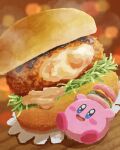  burger cheese fast_food food food_focus highres holding holding_food ketchup kirby kirby_(series) lettuce meat miclot no_humans sauce solo table 