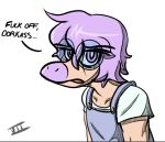  anthro clothing dialogue dinosaur dromaeosaurid english_text eyewear glasses goodbye_volcano_high hair headshot_portrait looking_at_viewer male overalls portrait purple_eyes purple_hair reaction_image reptile sage_(gvh) scalie seven_(artist) simple_background snoot_game_(fan_game) solo talking_to_viewer text theropod velociraptor video_games white_background 
