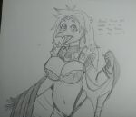  anthro breasts chubby_female cleavage clothed clothing cosplay dinosaur english_text female goodbye_volcano_high hair hi_res long_hair looking_at_viewer monochrome navel open_mouth ornithischian ponyquarantine reptile scalie sketch skimpy skimpy_armor skimpy_bikini slightly_chubby snoot_game_(fan_game) solo stegosaurian stegosaurus text thyreophoran traditional_media_(artwork) video_games 